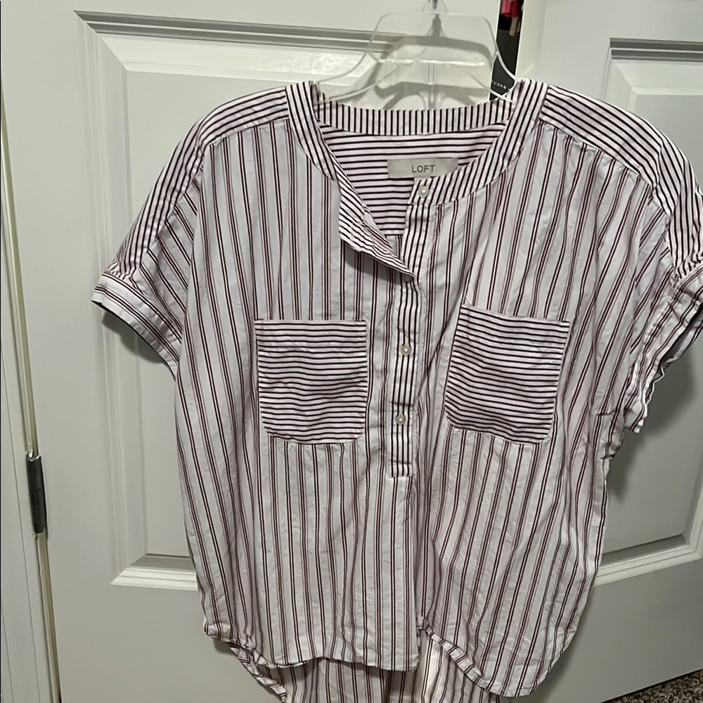 LOFT White and Maroon Short Sleeve Button Down Shirt